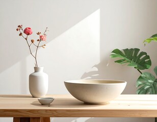 Minimalist still life composition with flowers, bowl and wooden surface