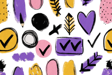 Abstract Textured Background with Geometric Shapes and Brush Strokes in Yellow Purple Pink and Black Colors