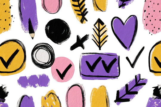 Abstract Textured Background with Geometric Shapes and Brush Strokes in Yellow Purple Pink and Black Colors