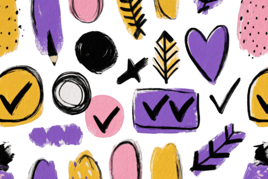 Abstract Textured Background with Geometric Shapes and Brush Strokes in Yellow Purple Pink and Black Colors