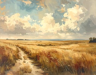 Landscape painting of a wheat field with a path and fluffy clouds in the sky