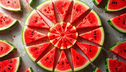Freshly cut watermelon slices in a mandala pattern, a flat lay organic food art concept