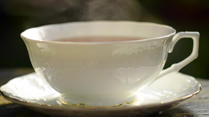 Steam gently rises from a vintage white china teacup filled with warm herbal tea, sitting on a saucer in a tranquil, serene garden setting - Powered by Adobe