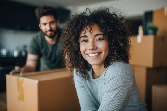 Smiling couple preparing for moving day in their new home surrounded by cardboard boxes