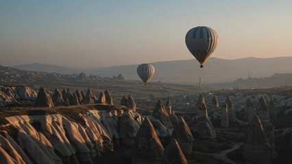 Hot air balloons gracefully ascend over the distinctive fairy chimney rock formations of Cappadocia at sunrise.