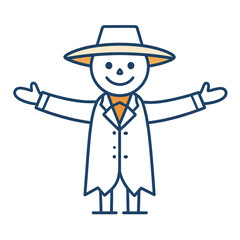 Cartoon illustration of a friendly figure wearing a hat and coat, with arms outstretched in a welcoming gesture.