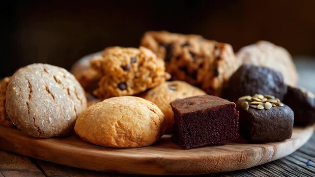 A tempting variety of baked goods beautifully presented on a wooden serving board, capturing the essence of homemade treats and the joy of culinary creativity.