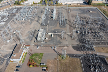 Aerial drone picture of large electric power substation and high voltage power lines in Hillsboro...