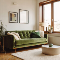 Cozy living room with green velvet sofa, modern decor, and natural light during daytime