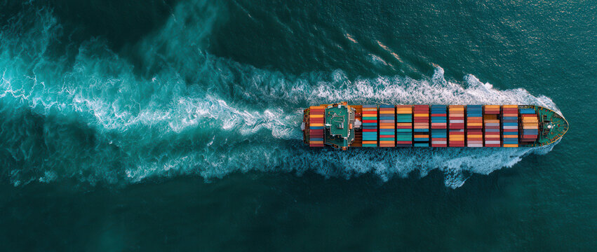 Cargo ship navigates through blue waters with colorful containers during daytime journey