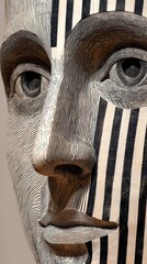 Black White Striped Face Wood Carving 3D Clean Lines