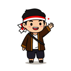 Cute vector illustration of Indonesian young man character wearing red and white headband, waving hand. Perfect for Youth Pledge Day (Sumpah Pemuda) design, posters, banners, and social media content.