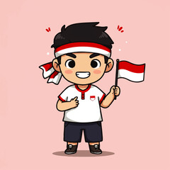 Cute vector illustration of Indonesian young man character wearing red and white headband, waving hand. Perfect for Youth Pledge Day (Sumpah Pemuda) design, posters, banners, and social media content.