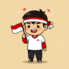 Cute vector illustration of Indonesian young man character wearing red and white headband, waving hand. Perfect for Youth Pledge Day (Sumpah Pemuda) design, posters, banners, and social media content.