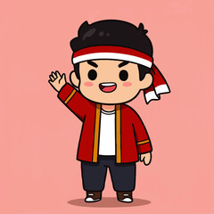 Cute vector illustration of Indonesian young man character wearing red and white headband, waving hand. Perfect for Youth Pledge Day (Sumpah Pemuda) design, posters, banners, and social media content.