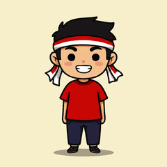 Cute vector illustration of Indonesian young man character wearing red and white headband, waving hand. Perfect for Youth Pledge Day (Sumpah Pemuda) design, posters, banners, and social media content.
