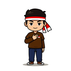 Cute vector illustration of Indonesian young man character wearing red and white headband, waving hand. Perfect for Youth Pledge Day (Sumpah Pemuda) design, posters, banners, and social media content.