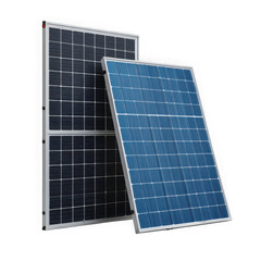 Two photovoltaic solar panels for renewable energy generation and clean electricity production isolated on transparent background