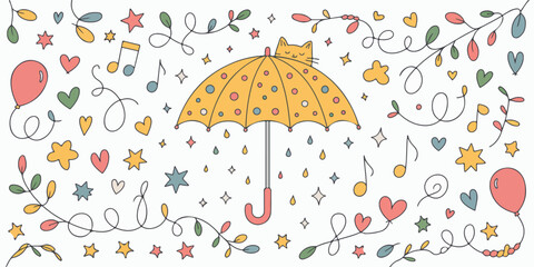 A colorful doodle pattern collection on a white background featuring various hand-drawn elements.
