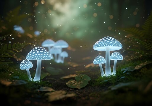 Magical glowing mushrooms in a dark forest with bokeh lights, fantasy nature scene