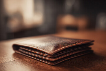 Elegant brown leather wallet resting on dark wooden table in cozy indoor setting