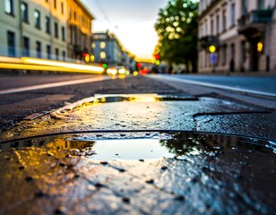Urban street scene at dusk with puddle reflection