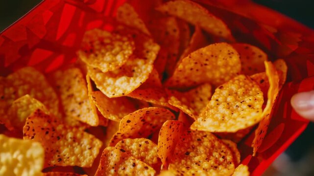 Crispy corn chip snack with crunchy texture and golden color, poppy seed seasoning, salted and spicy savory flavor, crisp triangle shape red packet