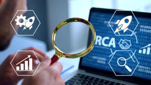 RCA Root Cause Analysis Business Problem Solving with Magnifying Glass and Digital Icons