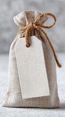 Blank Tag Kraft Bag Twine Tie Jute String White Background Natural