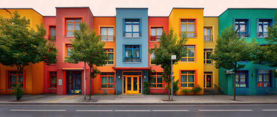 Naklejka premium Colorful buildings lined up on a street showcasing vibrant facades and lively architecture in a sunny urban setting