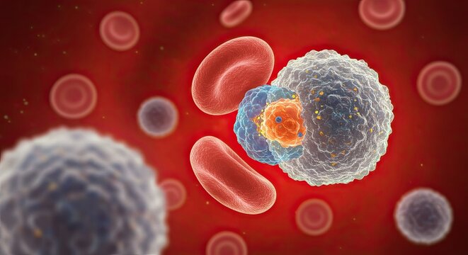 Detailed microscopic view of blood cells showcasing medical research and scientific advancements in hematology and immunology with erythrocytes and leukocytes