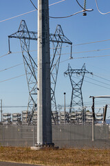 High resolution picture of electric power transmission lines and utility towers in Hillsboro...