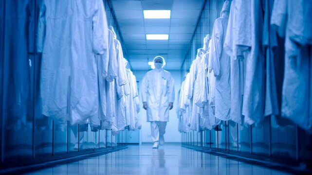 Cleanroom gown corridor worker walking manufacturing decline sterile production environment calm focus coat rows white protective