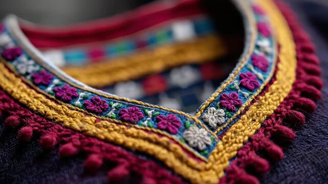 A close-up shot of a beautifully embroidered garment showcasing intricate patterns and vibrant colors, reflecting cultural significance and the artistry of textile design.