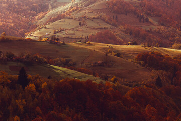 Beautiful rural landscape with colorful autumn trees. Holbav, Romania.	
