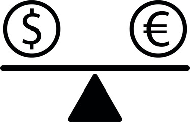 Dollar and euro comparison icon . Euro and dollar signs on weight scale icon . Vector illustration