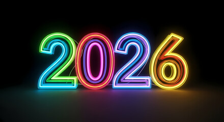 Colorful neon numbers 2026 glowing in the dark, representing the new year celebration and future