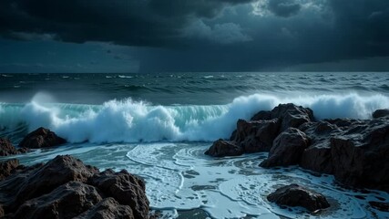 Dramatic 4k video footage of a stormy sea crashing against jagged rocks in a seamless loop, perfect for backgrounds, nature documentaries, and more - Powered by Adobe