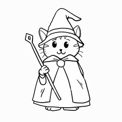 Cute Cartoon Cat Wizard Holding Wand in Cape and Pointed Hat for Halloween and Fantasy. Perfect for children’s books, fantasy themes, Halloween, or playful mascot designs.