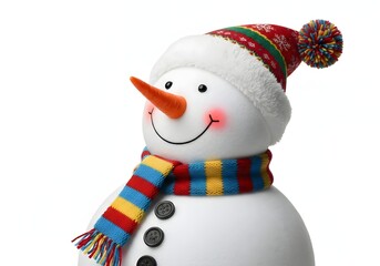 A cheerful snowman wearing a festive red and green knitted hat with a pompom, a striped scarf, and a carrot nose, smiling against a white background.