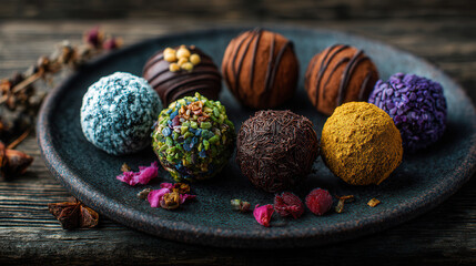 Obraz premium Delicious assortment of handcrafted chocolate truffles on a rustic plate with colorful toppings and natural decorations