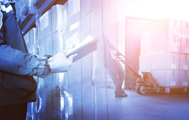 Logistics Warehouse and Transport Concept. Worker Checks Stock of Goods. Workers Loading Goods into Container. Shipping Cargo Container. Economy Business Transport on Road. Freight Logistics Truck.	
