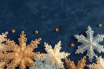 decoration on the blue vintage background. Paper snowflakes and golden stars. New year greeting card template. Holiday mock up. Scandinavian style.