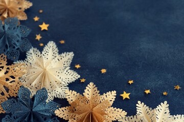 decoration on the blue vintage background. Paper snowflakes and golden stars. New year greeting card template. Holiday mock up. Scandinavian style.