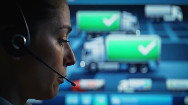 Female Dispatcher Manages Truck Fleet on Digital Interface
