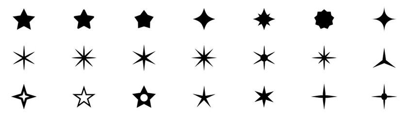 Stars icon collection. Different star shapes. Black stars icon set.  Sparkle star icon set. Vector illustration
