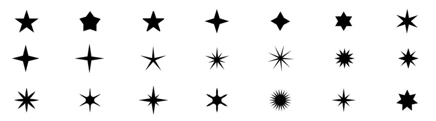 Stars icon collection. Different star shapes. Black stars icon set.  Sparkle star icon set. Vector illustration