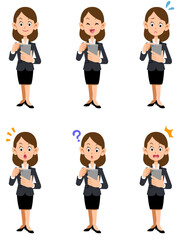 スマートフォンを操作するビジネスウーマン　6種類の表情　全身
