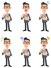 スマートフォンを操作する眼鏡のビジネスマン　6種類の表情　全身
