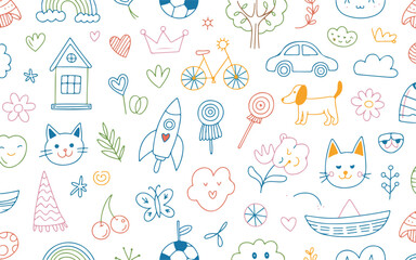 A whimsical, hand-drawn pattern design on a white background featuring various cute doodle elements in pastel colors.  